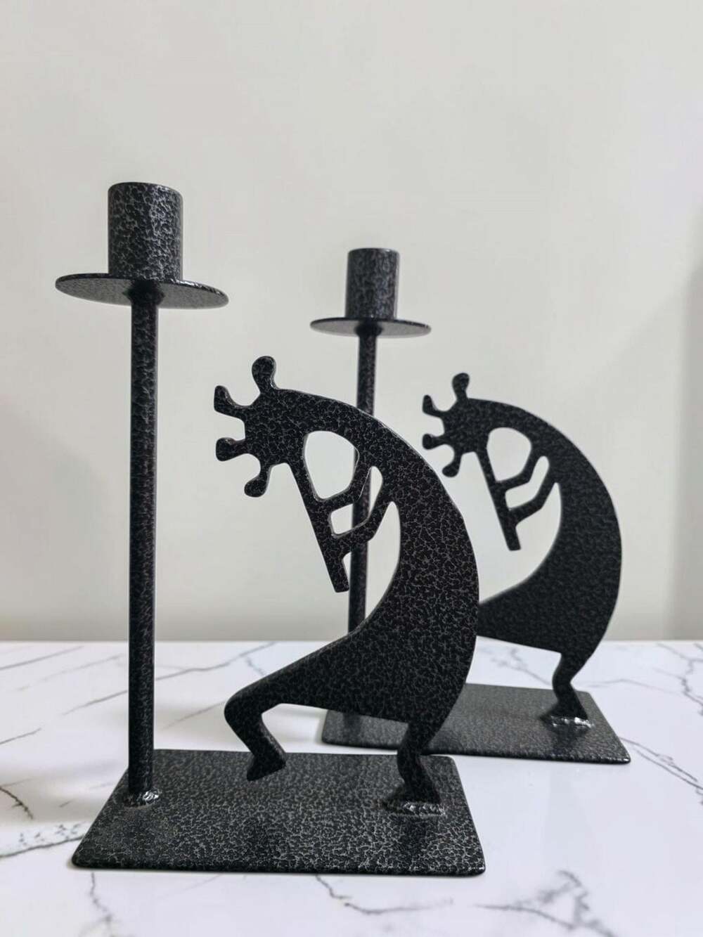 Vintage Southwest Black Metal Kokopelli Flute Player Candleholders Pair